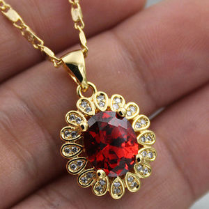 18K Yellow Gold Filled Oval Ruby Pendant Necklace
